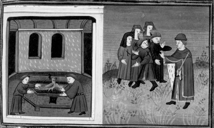 Dekameron, Giovanni del Bragoniera und Biagio Pizzini stehlen die Reliquie von Bruder Ciboule; der Bruder markiert die Kleidung der Dorfbewohner mit Kohlen. Sechster Tag, Novelle 10
