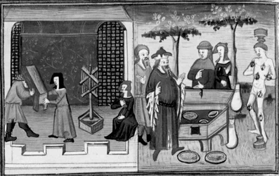 Dekameron, Ambrogiuolo lässt sich in einer Kiste ins Haus von Bernabò bringen; Ambrogiuolo wird für seinen Betrug bestraft. Zweiter Tag, Novelle 9.