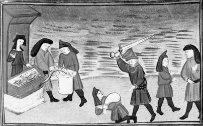 Dekameron, Biondello zeigt Ciacco die Neunaugen; Filippo greift Biondello an; Ciacco und Biondello versöhnen sich. Neunter Tag, Novelle 8