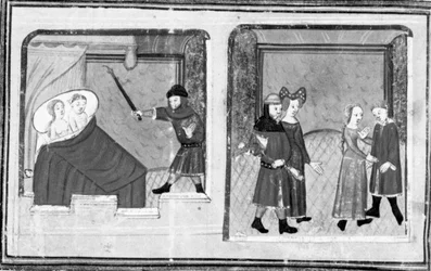 Dekameron, Cimon beobachtet Iphigenie; eine Doppelhochzeit wird gefeiert. Fünfter Tag, Novelle 4.