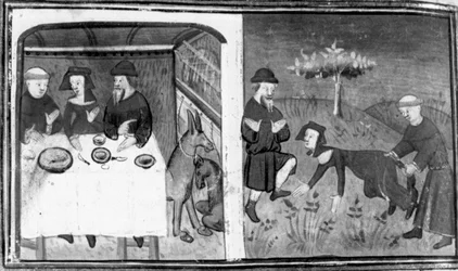 Dekameron, Gianni di Barolo sitzt mit Pietro da Tresanti und dessen Frau am Tisch; Gianni versucht, der Frau den Schwanz anzubinden. Neunter Tag, 10. Novelle