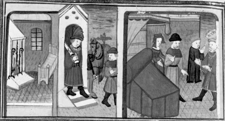 Dekameron, Der Ritter Lambertuccio entkommt aus Isabellas Zimmer; der Ehemann der Frau findet den Liebhaber im Zimmer. Siebter Tag, Novelle 6