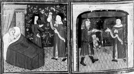 Dekameron, Der Arzt Simone gibt Calandrino die Infusion; Calandrino bezahlt den Arzt. Neunter Tag, Novelle 3