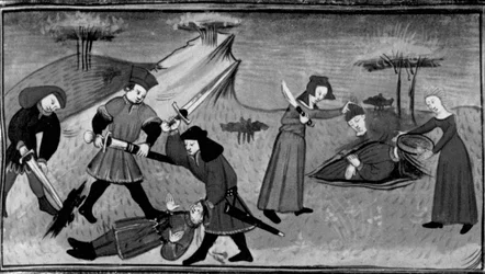 Dekameron, Lorenzo wird von Lisabettas Brüdern getötet; Lisabetta versteckt den Kopf des Geliebten in einem Gefäß. Vierter Tag, fünfte Novelle