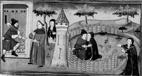 Dekameron, Masetto bittet den Wächter um Erlaubnis, das Kloster zu betreten; Masetto küsst eine Nonne. Dritter Tag, Novelle 1.