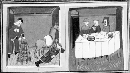 Dekameron, Pierre de Vinciolo entdeckt den Liebhaber im Stall; Pierre de Vinciolo sitzt mit seiner Frau und ihrem Liebhaber am Tisch. Fünfter Tag, Novelle 10.