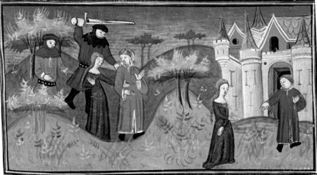 Dekameron, Pietro Boccamazza und Agnolella werden im Wald angegriffen; das Paar findet sich wieder. Fünfter Tag, Novelle 3.