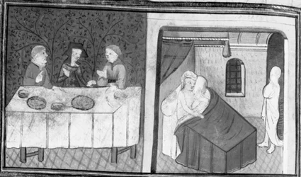 Dekameron, Tingoccio und Meuccio sitzen mit Madame Mita am Tisch; Tingoccio besucht nach seinem Tod Meuccio, um ihm seine Eindrücke aus dem Jenseits zu erzählen. Siebter Tag, Novelle 10