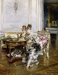 Elegante Damen in einem Innenraum, ca. 1875