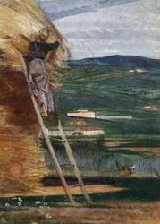 Heuhaufen, ein Bauer auf einer Leiter