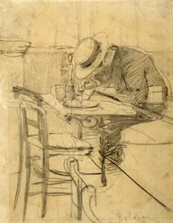 Der Maler Helleu auf einer Caféterrasse sitzend