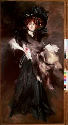 Porträt von Mademoiselle Lantelme. Junge Frau in schwarzer Mode der Belle Époque, 1907. 227 x 118 cm. Rom, Galleria Nazionale d
