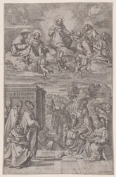 Geistliche in einer Landschaft beim Schreiben, andere im himmlischen Reich darüber, ca. 1650