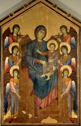 Die Jungfrau und das Kind in Majestät, umgeben von sechs Engeln. Gemälde von Gualtieri Giovanni genannt Cimabue (circa 1240-1302)