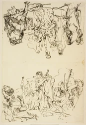 Gefaltetes Blatt mit "Das Martyrium des heiligen Stephanus und Agrippina landet in Brindisi mit der Asche des Germanicus"