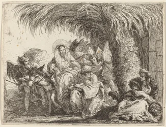 Joseph kniet mit dem Kind vor Maria auf dem Esel