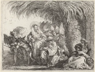 Joseph kniet mit dem Kind vor Maria auf dem Esel