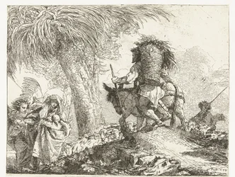 Maria mit Kind, unterstützt von einem Engel, und Josef führt einen Esel an einem Hirten mit Schafen vorbei (Flucht nach Ägypten)