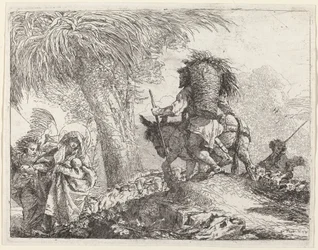 Die Flucht, Joseph rechts und Maria und Engel links