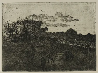 Landschaft bei Sonnenuntergang mit Schweinehirten