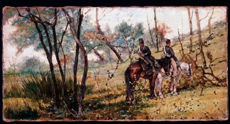 Zwei Soldaten reiten unter den Bäumen