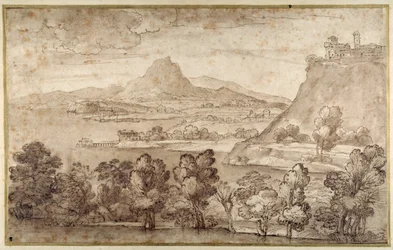 Landschaft mit einer Hügelstadt und einem entfernten Berg