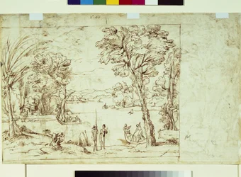 Landschaft mit Figuren am Flussufer