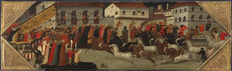 Tafel von einem Cassone: Das Rennen des Palio in den Straßen von Florenz, 1418