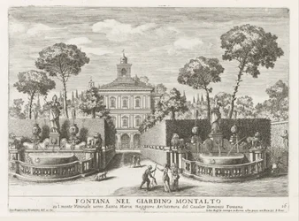 Brunnen in den Gärten der Villa Montalto Negroni in Rom - Fontana nel giardino Montalto (...) (Titel auf dem Objekt) - Le fontane ne palazzi e ne giardini di Roma (Serientitel) - Brunnen in den Palästen und Gärten Roms (Serientitel)