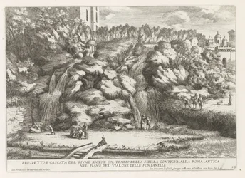 Landschaft mit Kaskade und Tempel der Tiburtinischen Sibylle in Tivoli