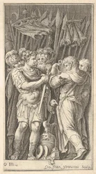Soldaten, einer frontal gezeigt und ein Schwert haltend, rechts ein Soldat mit seinem Rü..., ca. 1650-1700
