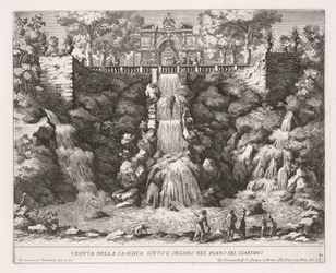 Die Brunnen von Rom (Le fontane di Roma), Buch IV, Platte 21: Ansicht des Wasserfalls unterhalb der Orgel aus dem Garten (Veduta della Cascata Sotto L