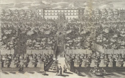 Ansicht des Palastes vom Garten mit seinen Brunnen..., 1691 oder später