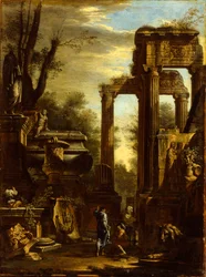 Capriccio von klassischen Ruinen und Statuen mit Figuren im Gespräch