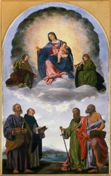 Madonna in Herrlichkeit mit dem Christuskind, zwei Engelmusikern, St. Peter, St. Dominikus, St. Paulus und St. Hieronymus (Pesaro-Altarbild)