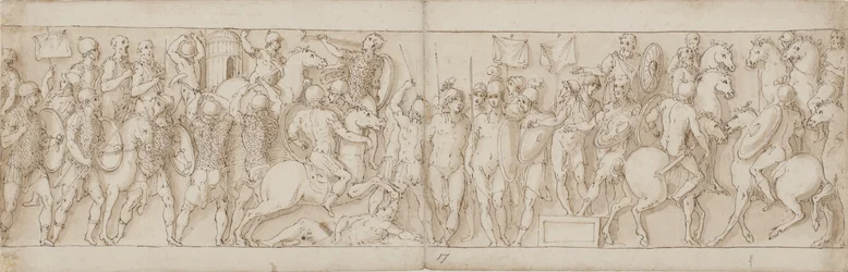 Ein sarmatisches Dorf wird unter den Augen des Kaisers zerstört; Barbaren schauen von einem Stand aus zu; Marcus Aurelius empfängt einen berittenen deutschen Boten