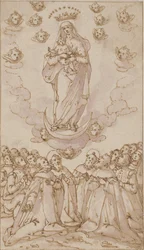 Madonna und Kind auf einer Mondsichel, die einer Gruppe von Heiligen, Priestern und Laien erscheint