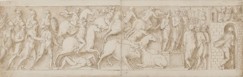 Römische Bogenschützen(?), Römischer Angriff (XCIX); Marcus Aurelius spricht zu seinen Wachen (C); Marcus Aurelius erhält eine Warnung (CI)