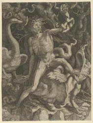 Wut personifiziert als alter Mann, der ein Monster reitet und einen Schädel in der linken Hand hält, ca. 1520-39