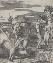 Herkules besiegt den Flussgott Achelous in Form eines Stiers, mit drei Frauen t..., ca. 1526-27