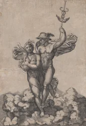 Merkur bringt Psyche zum Olymp, nach Raphaels Komposition in der Villa Farnes..., ca. 1520-39