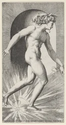 Apollo fährt seinen Wagen in einer Nische, nach rechts gewandt, aus einer Serie von mythologischen Darstellungen