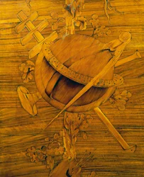 Messinstrumente, zentraler Teil der Einlegearbeit an Eckschrank mit einer großen Tür, signiert und datiert 1798, Italien