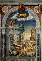 Sternzeichen: „Der Stier“ Oben Medaillons mit Porträts von Tiberius und Caligula. Unten, Legende zur Entstehung der Konstellation des Zeichens: der Gott Pan spielt die Flöte. Links legt eine Ziege ein Junges nieder