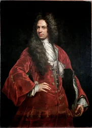 Porträt eines Gentlemans im roten Kostüm Gemälde von Giovanni Maria Delle Piane, genannt il Mulinaretto (1660-1745) Genua, Musei di Strada Nuova