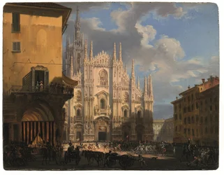 Ansicht der Piazza Duomo mit dem coperto dei Figini und dem isolato del Rebecchino, Mailand