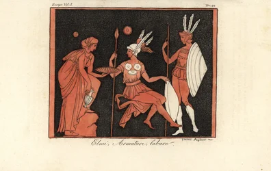 Griechische Krieger in Helmen, Rüstungen und Labarum-Standarten