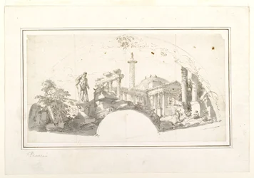 Entwurf für einen Fächer: Capriccio mit römischen Ruinen und dem Farnese-Herkules