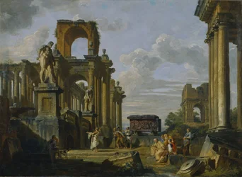 Architektonisches Capriccio des Forum Romanum mit Philosophen und Soldaten zwischen antiken Ruinen
