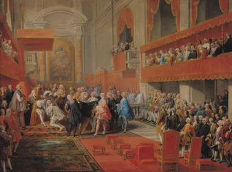 Verleihung des Ordens des Heiligen Geistes an Prinz Vaini durch Paul-Hippolyte de Beauvillers (1684-1776), Herzog von Saint-Aignan, 1732, ca. 1752